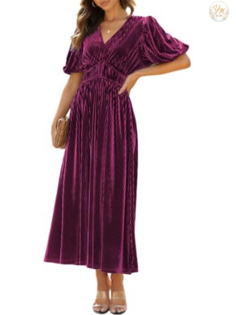 Velvet Maxi Dress with V-Neck Sleeves A-Line for Wedding Guest